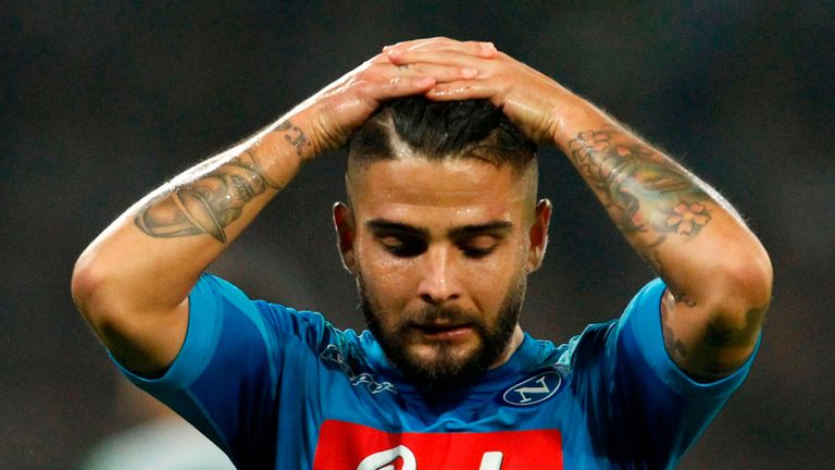 Napoli's Italian striker Lorenzo Insigne reacts after missing a goal during the Italian Serie A football match SSC Napoli vs FC Internazionale Milano on Oc