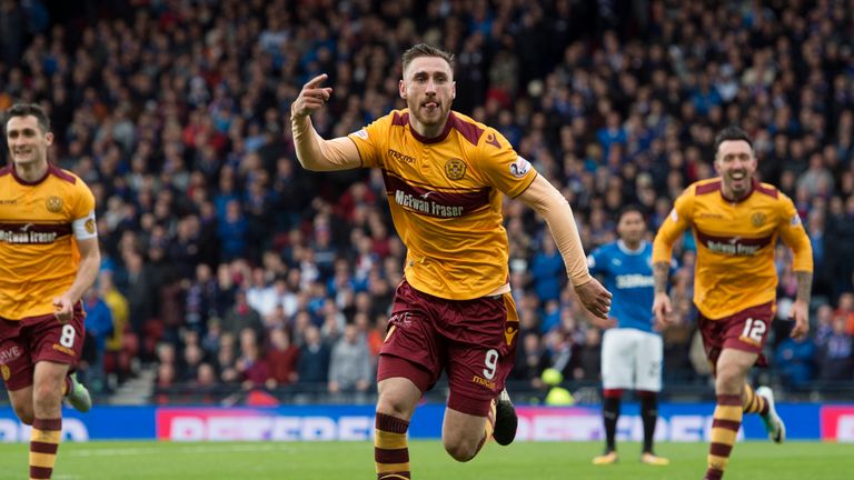 Motherwell's Louis Moult celebrates his first goal at Hampden 