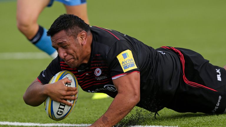 BARNET, ENGLAND - OCTOBER 28: Mako Vunipola of Saracens scores their first try during the Aviva Premiership match between Saracens and London Irish at Alli