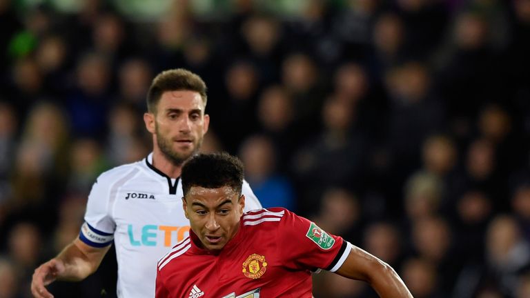 SWANSEA, WALES - OCTOBER 24:  Jesse Lingard of Manchester United scores his sides first goal during the Carabao Cup Fourth Round match between Swansea City