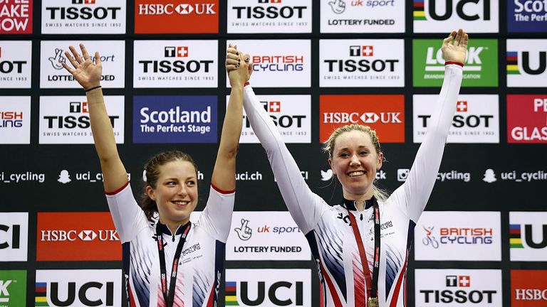 GLASGOW, SCOTLAND - NOVEMBER 05:  Manon Lloyd (l) and Katie Archibald of Great Britain celebrate winning the Women's Madison during day two of the UCI Trac