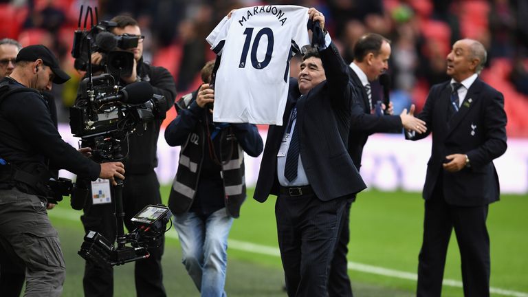 Diego Maradona was presented with a No 10 Tottenham shirt at half-time at Wembley