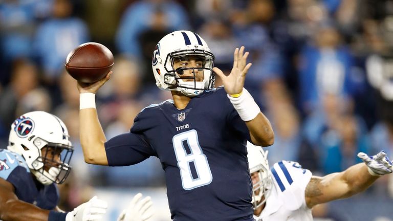 NASHVILLE, TN - OCTOBER 16:  Marcus Mariota #8 of the Tennessee Titans throws a pass against the  Indianapolis Colts at Nissan Stadium on October 16, 2017 