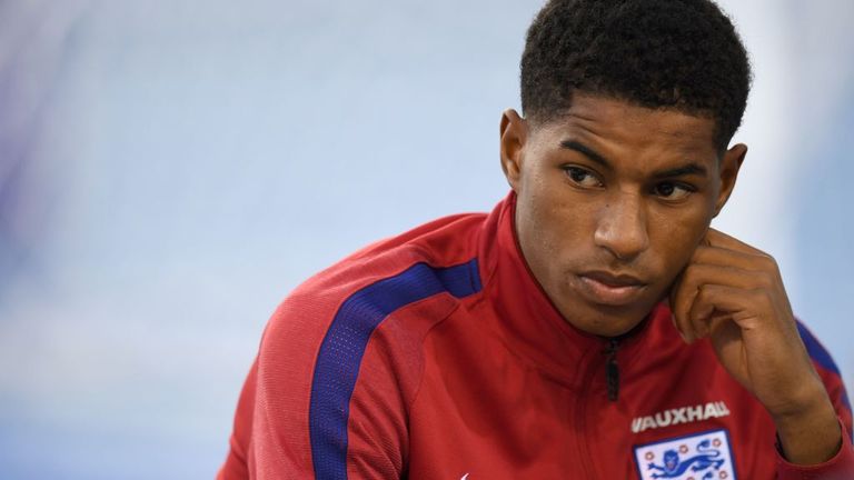 England's striker Marcus Rashford attends a press conference at St George's Park in Burton-on-Trent on October 2, 2017