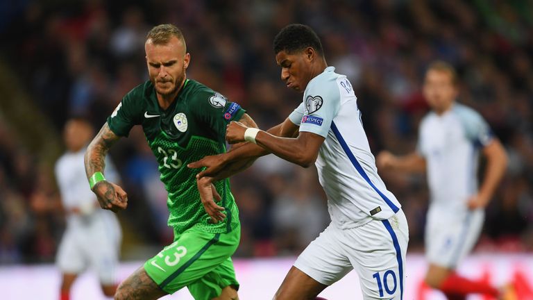 Marcus Rashford of England takes on Aljaz Struna of Slovenia during the FIFA 2018 World Cup Group F Qualifier