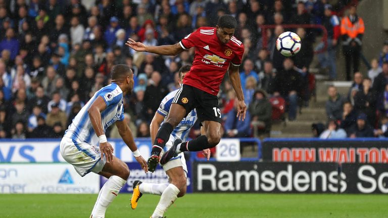 Marcus Rashford of Manchester United scores the first Manchester United goal during the Premier League match between
