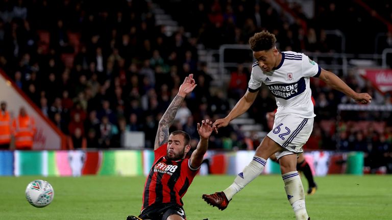 BOURNEMOUTH, ENGLAND - OCTOBER 24:  Marcus Tavernier of Middlesbrough scores his sides first goal during the Carabao Cup Fourth Round match between AFC Bou