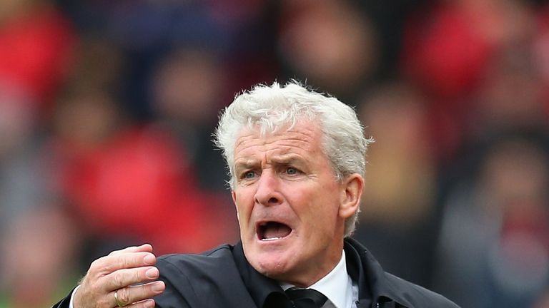 STOKE ON TRENT, ENGLAND - OCTOBER 21:  Mark Hughes, reacts during the Premier League match between Stoke City and AFC Bournemouth