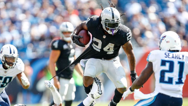 NASHVILLE, TN- SEPTEMBER 10: Running back Marshawn Lynch  #24 of the Oakland Raiders runs the ball against the Tennessee Titans in the second half at Nissa