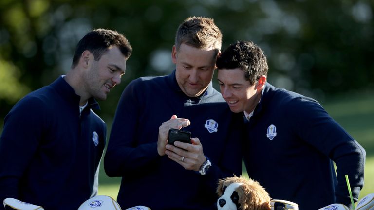 CHASKA, MN - SEPTEMBER 27: (L-R) Martin Kaymer, vice-captain Ian Poulter and Rory McIlroy of Europe look on during team photocalls prior to the 2016 Ryder 