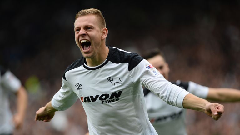 DERBY, ENGLAND - OCTOBER 15: Matej Vydra of Derby celebrates during the Sky Bet Championship match between Derby County and Nottingham Forest at iPro Stadi