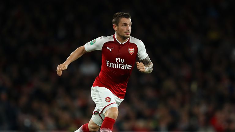 LONDON, ENGLAND - OCTOBER 24: Mathieu Debuchy of Arsenal in action during the Carabao Cup Fourth Round match between Arsenal and Norwich City at Emirates S