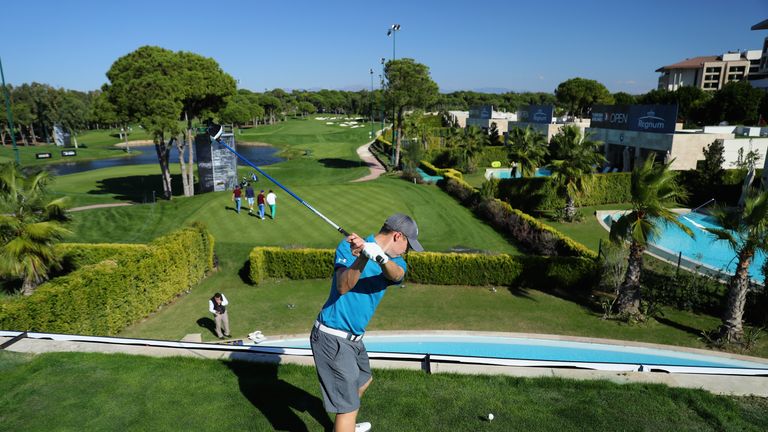 ANTALYA, TURKEY - OCTOBER 31:  Matthew Fitzpatrick of England tees off on the 16th hole during a practice round ahead of the Turkish Airlines Open at the R