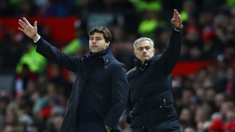 MANCHESTER, ENGLAND - DECEMBER 11: Mauricio Pochettino, Manager of Tottenham Hotspur and Jose Mourinho, Manager of Manchester United both gesture during th