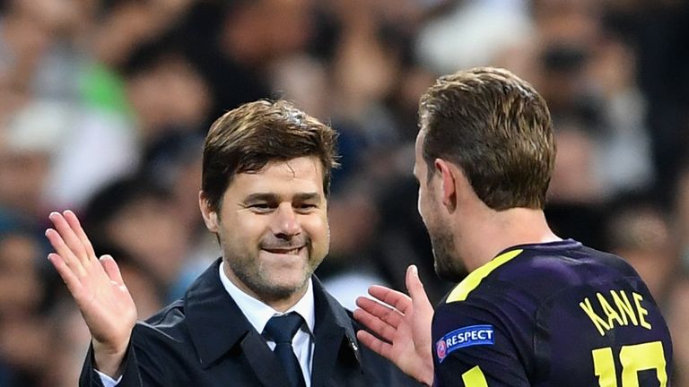 Mauricio Pochettino, Manager of Tottenham Hotspur and Harry Kane of Tottenham Hotspur shake hands