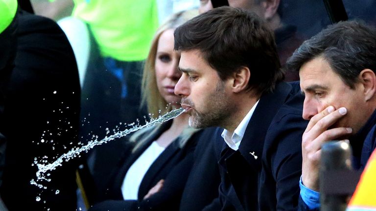 Tottenham Hotspur's Argentinian head coach Mauricio Pochettino reacts to Newcastle scoring another goal during the English Premier League football match be