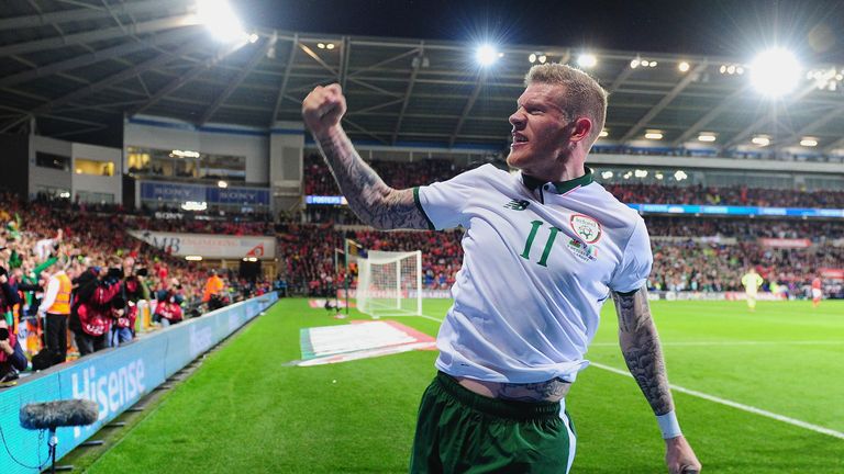 CARDIFF, UNITED KINGDOM - OCTOBER 09:  James McClean of the Republic of Ireland celebrates as he scores their first goal during the FIFA 2018 World Cup Gro