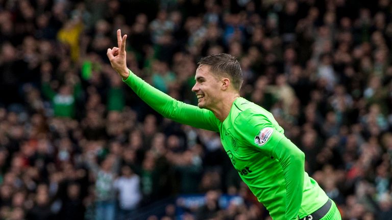 Celtic's Mikael Lustig celebrates his second goal