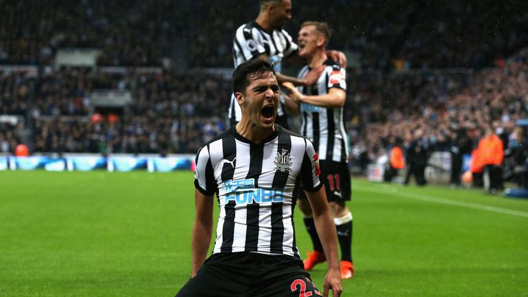 NEWCASTLE UPON TYNE, ENGLAND - OCTOBER 21:  Mikel Merino of Newcastle United celebrates as he scores their first goal during the Premier League match betwe