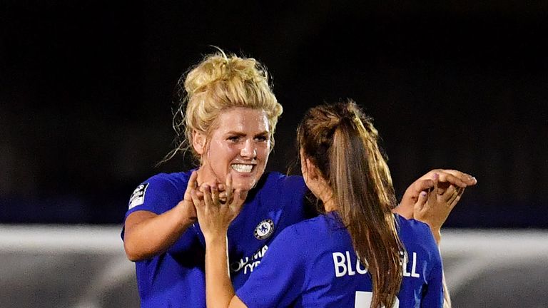 KINGSTON UPON THAMES, ENGLAND - OCTOBER 04: Millie Bright and Hannah Blundell of Chelsea Ladies celebrate after the UEFA Womens Champions League Round of 3