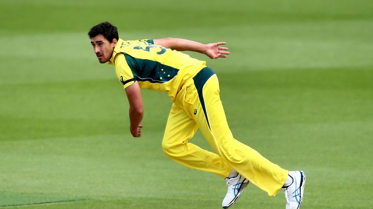 LONDON, ENGLAND - JUNE 05:  Mitchell Starc of Australia bowls during the ICC Champions Trophy match between Australia and Bangladesh at The Kia Oval