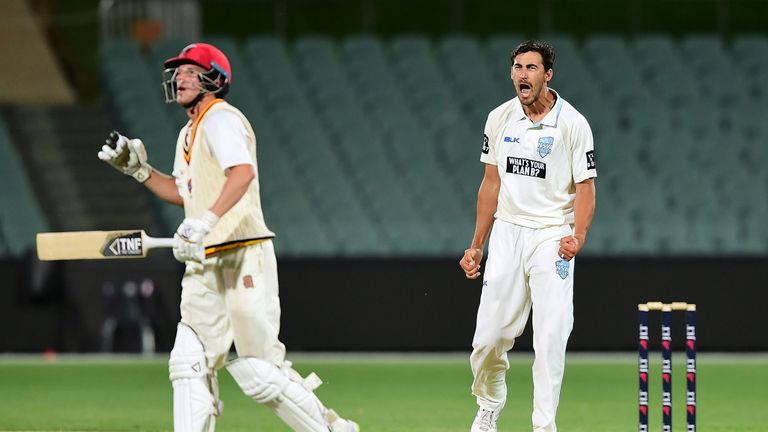 ADELAIDE, AUSTRALIA - OCTOBER 28:  SA's John Dalton out caught behind off Mitchell Starc during day two of the Sheffield Shield match between South Austral