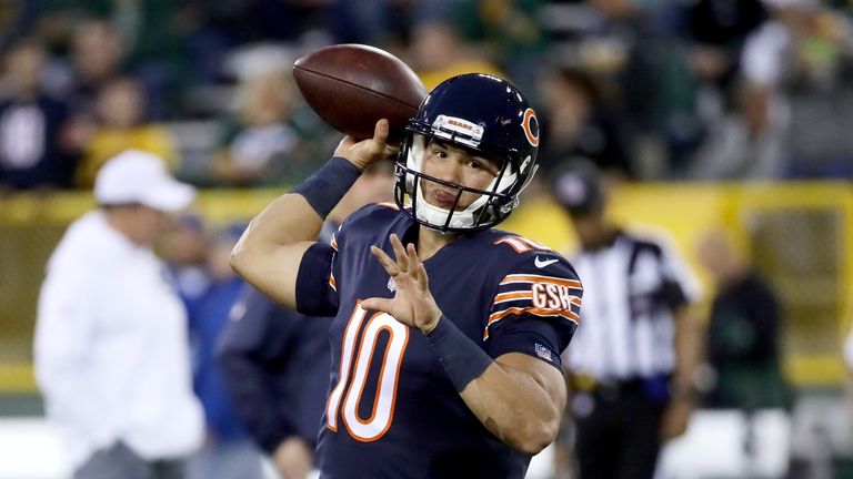 GREEN BAY, WI - SEPTEMBER 28:  Mitchell Trubisky #10 of the Chicago Bears warms up before the game against the Green Bay Packers at Lambeau Field on Septem