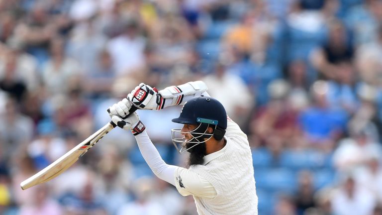 LEEDS, ENGLAND - AUGUST 28:  England batsman Moeen Ali drives to the boundary during day four of the 2nd Investec Test Match between England and West Indie