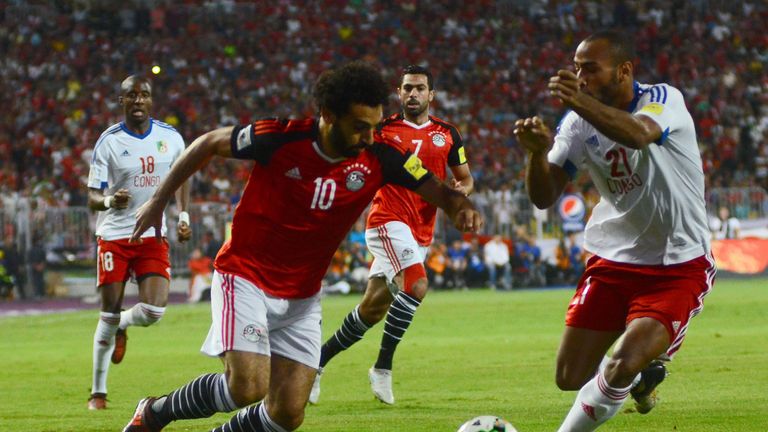 Egypt's Mohamed Salah vies for the ball against Congo's Tobias Badila 