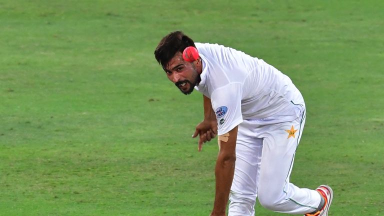 Muhammad Amir of Pakistan bowls during the first day of the second Test cricket match between Sri Lanka and Pakistan at Dubai International Stadium in Duba