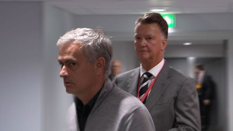 Jose Mourinho and Louis Van Gaal meet in the tunnel at Anfield before Manchester United's game with Liverpool