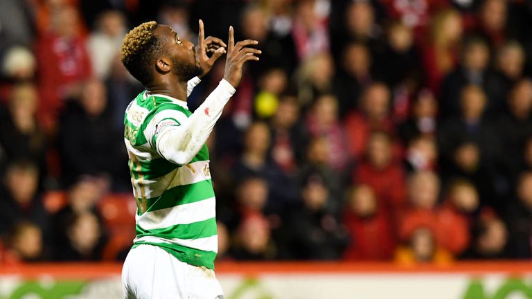 Moussa Dembele celebrates after scoring Celtic's second goal
