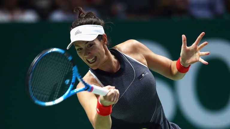 SINGAPORE - OCTOBER 26:  Garbine Muguruza of Spain plays a forehand in her singles match against Venus Williams of the United States during day 5 of the BN