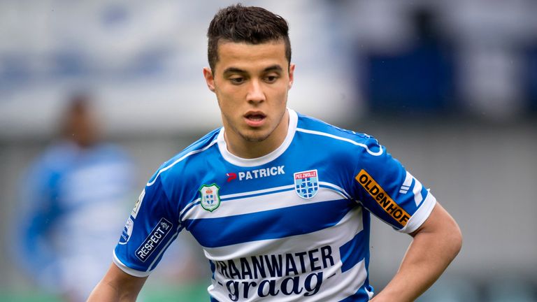 ZWOLLE,NETHERLANDS - APRIL 27:   Mustafa Saymak of PEC Zwolle in action during the Eredivisie Dutch League match between PEC Zwolle and PSV Eindhoven at th