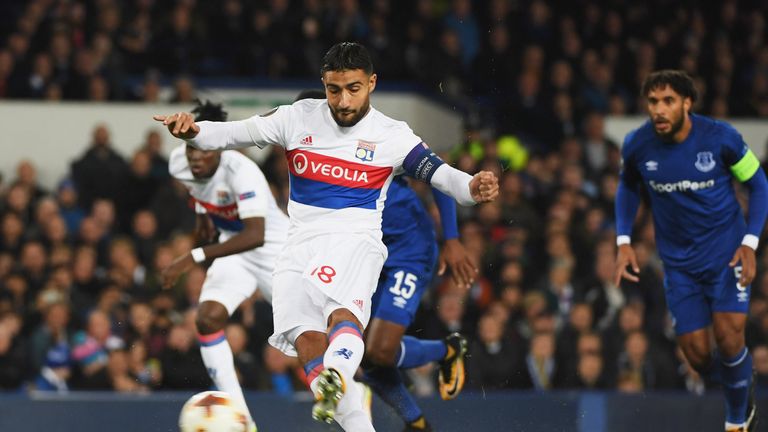 LIVERPOOL, ENGLAND - OCTOBER 19:  Nabil Fekir of Lyon (18) scores their first goal from the penalty spot during the UEFA Europa League Group E match betwee