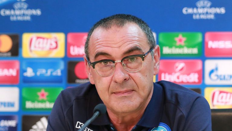 Napoli's coach from Italy Maurizio Sarri attends a press conference