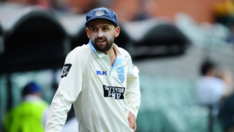 ADELAIDE, AUSTRALIA - OCTOBER 27:  NSW's Nathan Lyon during day one of the Sheffield Shield match between South Australia and New South Wales at the Adelai