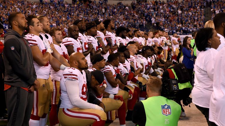 The San Francisco 49ers took a knee during the anthem before playing the Indianapolis Colts