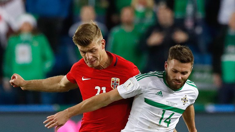 Norway's Alexander Sorloth (left) and Northern Ireland's Stuart Dallas battle for the ball during the 2018 FIFA World Cup Qualifying Group C match at the U