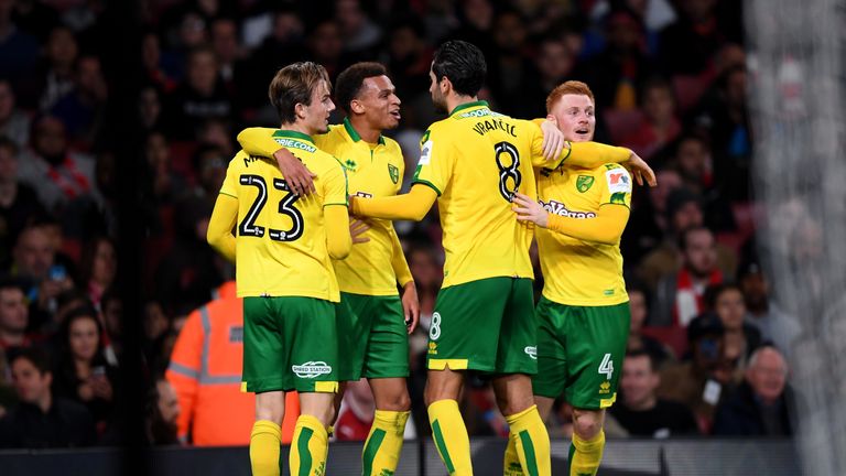 LONDON, ENGLAND - OCTOBER 24:  Josh Murphy of Norwich City celebrates with teammates after scoring his sides first goal  during the Carabao Cup Fourth Roun