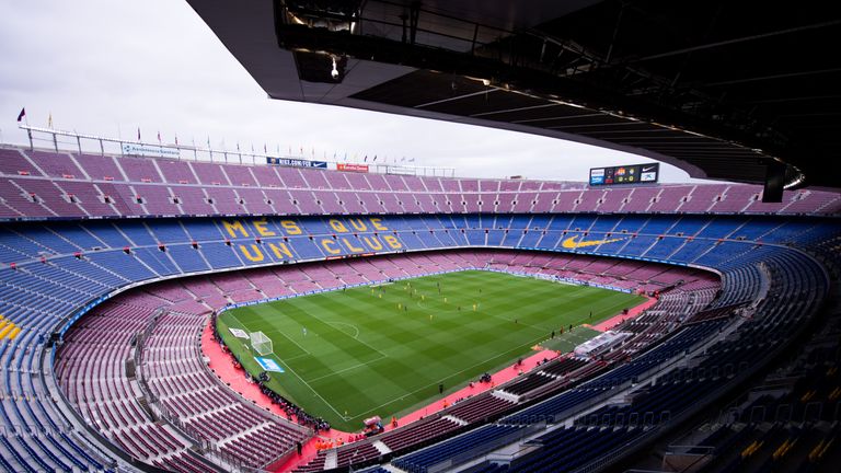 A view of the Nou Camp as the La Liga match between Barcelona and Las Palmas is played behind closed doors