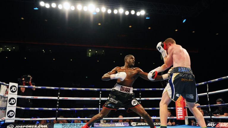 Ohara Davies lands a shot on Tom Farrell during their WBA International Super-Lightweight Championship bout