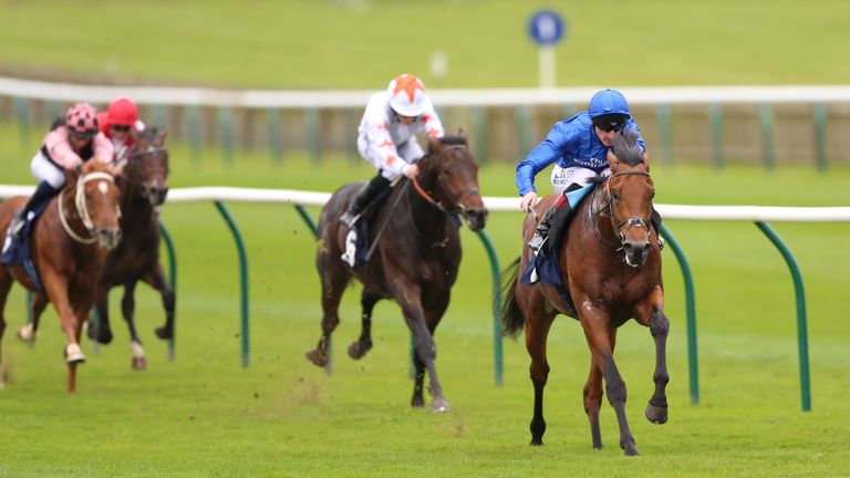 Old Persian (right) ridden by Adam Kirby wins The 1st Security Solutions EBF Stallions Novices Stakes at Newmarket Racecourse