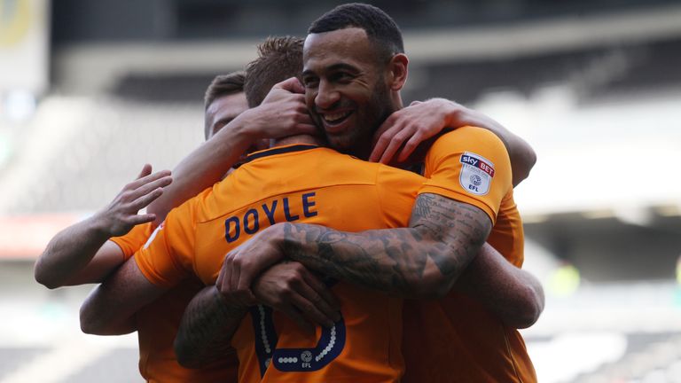 Craig Davies of Oldham Athletic celebrates scoring his side's first goal during the Sky Bet League One match between M