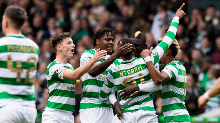 Olivier Ntcham celebrates after scoring Celtic's winner against Dundee 