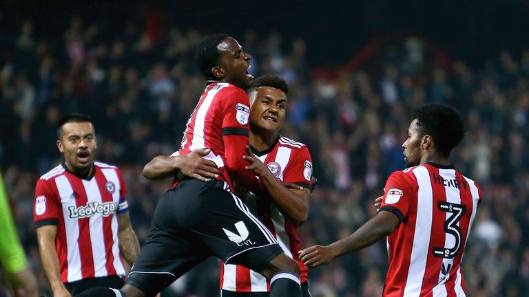 Ollie Watkins celebrates his equaliser during the Sky Bet Championship match between Brentford and Derby County at Griffin Park on September 26, 2017