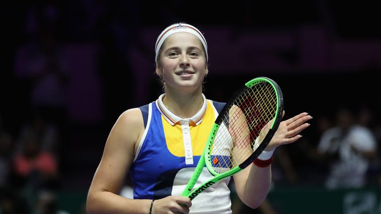 SINGAPORE - OCTOBER 26:  Jelena Ostapenko of Latvia celebrates victory in her singles match against Karolina Pliskova of Czech Republic during day 5 of the