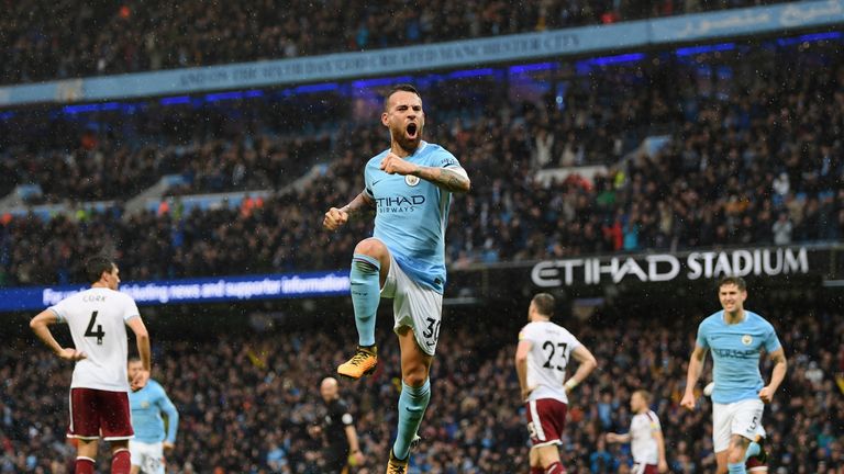 Nicolas Otamendi of Manchester City celebrates scoring the 2nd Manchester City goal during the Premier League match between Man City and Burnley