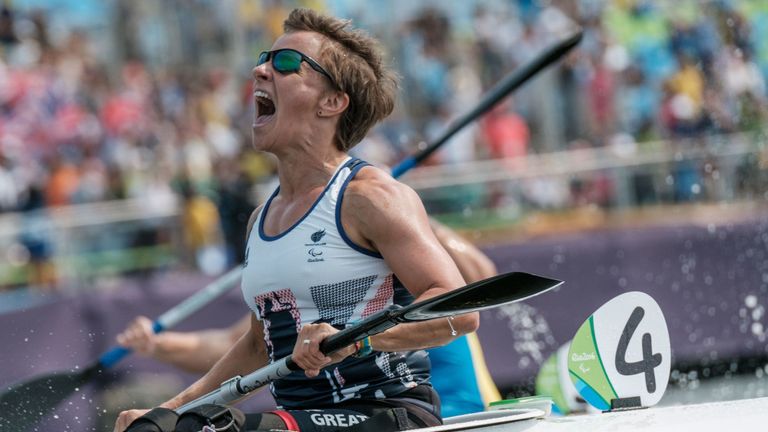 UK's Emma Wiggs reacts during the final of the women's canoe sprint (KL2)  of the Rio 2016 Paralympic Games at Lagoa Stadium in Rio de Janeiro