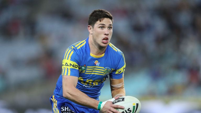 SYDNEY, AUSTRALIA - JULY 28, 2017:  Mitchell Moses of the Eels in action during the round 21 NRL match between the Parramatta Eels and the Brisbane Broncos